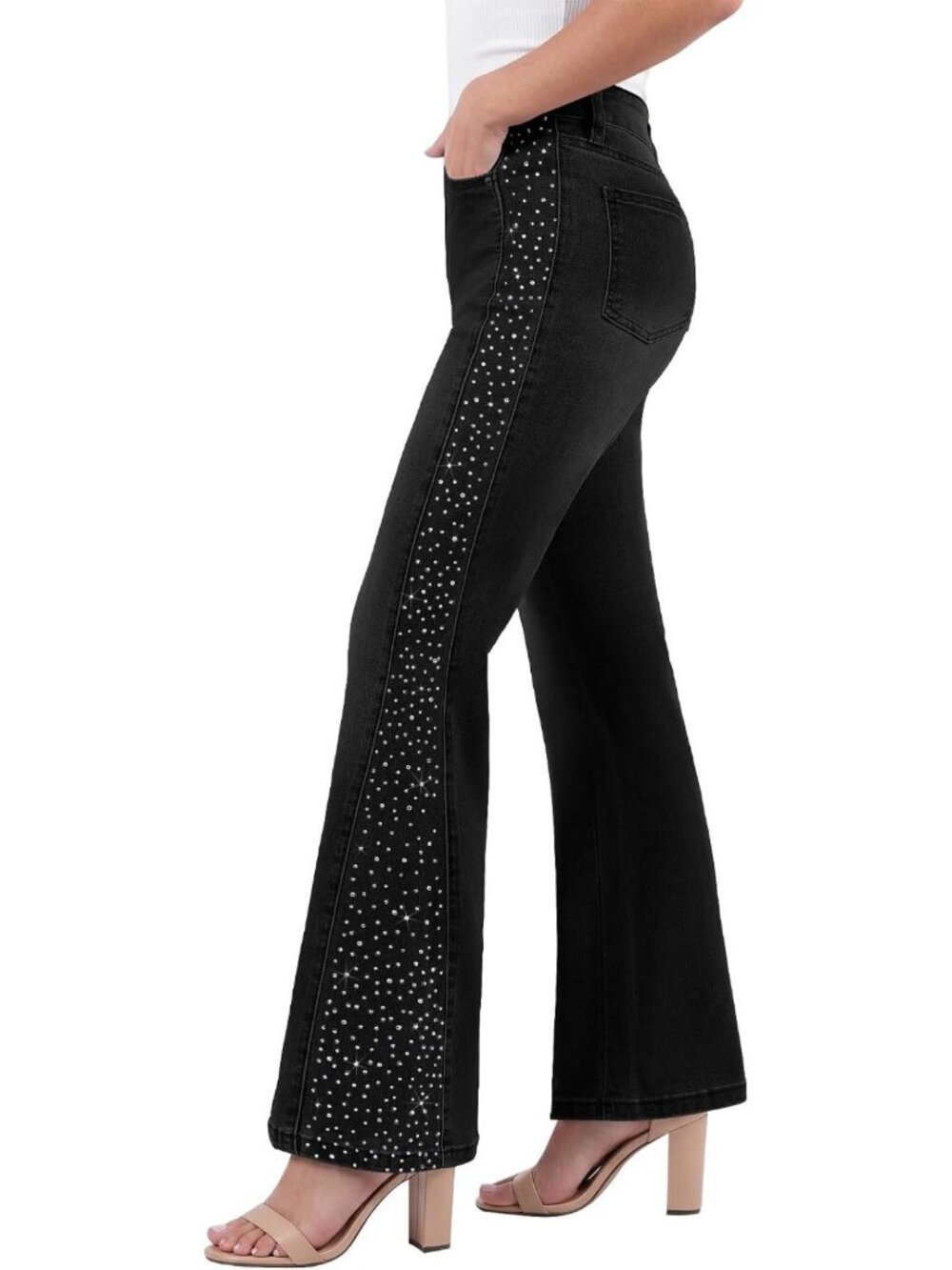High-Waisted Flare Jeans for Women | Trendy Wide Leg, Rhinestone Embellished